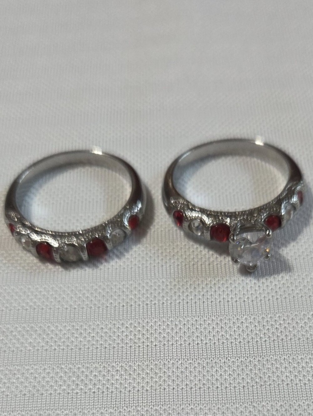 Faux Engagement Set Silver Tone Ring Set with Red Accent Stones